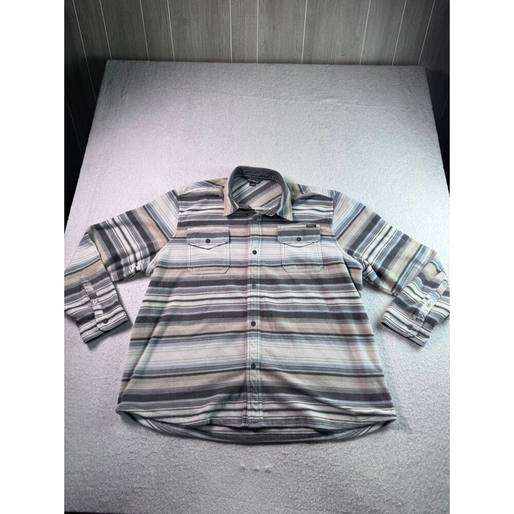 Eddie Bauer Men's XXL Fleece Button Down Shirt Striped Gray Blue Brown Casual